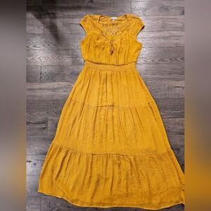 Women 1X Mustard Lace Tiered Maxi Dress Boho Smocked Waist cottagecore Coquette